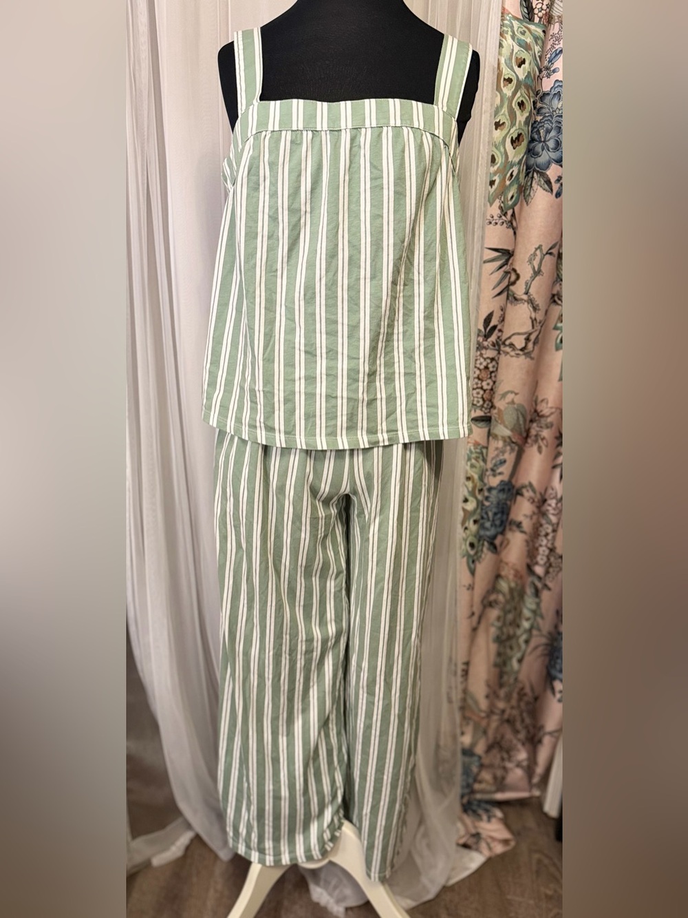 Joyspun Green White Stripe Cotton Pajama Lounge Set Tank Pants Size M 8-10